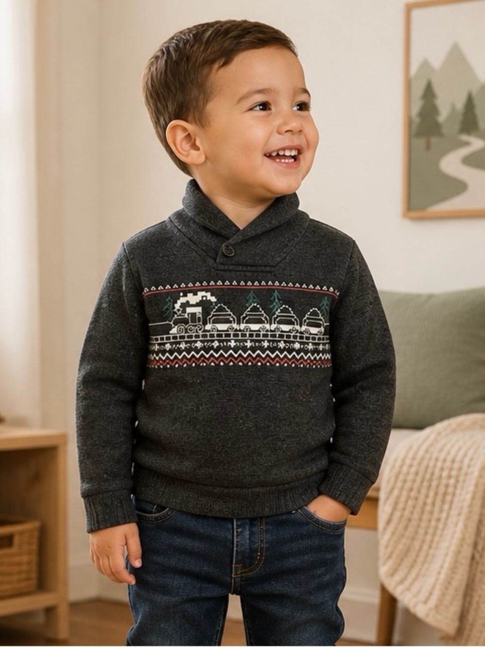 Jumping Beans Toddler Sweater 3T Charcoal Gray Train Print Pullover Cozy